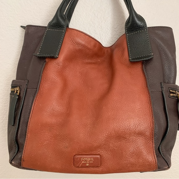 Fossil Brown and Black Soft Leather Satchel Handbag Purse Top Handle 3 Colorway - Picture 6 of 14